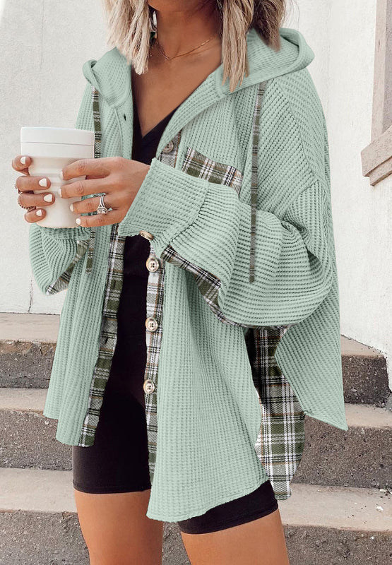 Waffle Knit Plaid Patchwork Drawstring Hooded Shacket by Wild and Free Boutique