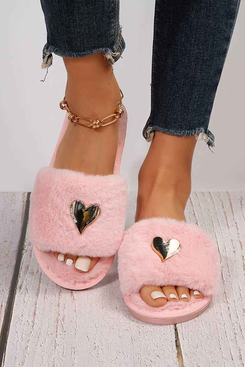 Parchment Heart Shape Buckle Decor Open Toe Plush Slippers by Wild and Free Boutique