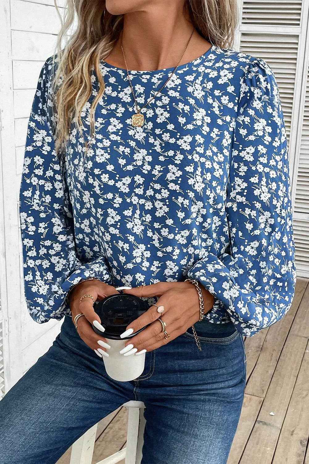 Blue Ditsy Floral Print Lantern Sleeve Blouse by Wild and Free Boutique