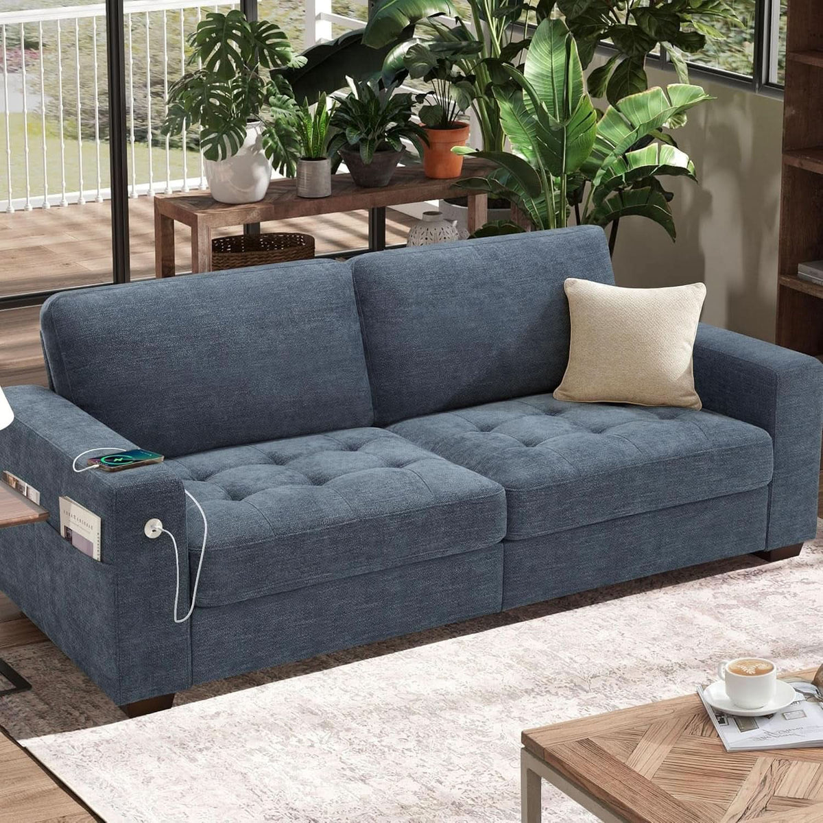 70 Inch Gray Chenille Loveseat With USB C Ports And Plush Cushions by ShipItFurniture