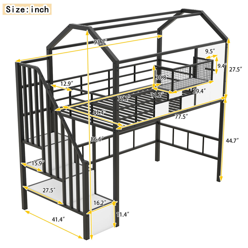 Metal Loft Bed With Roof Design And Storage Box With Guardrails And Integrated Ladder by Unique Piece Furniture