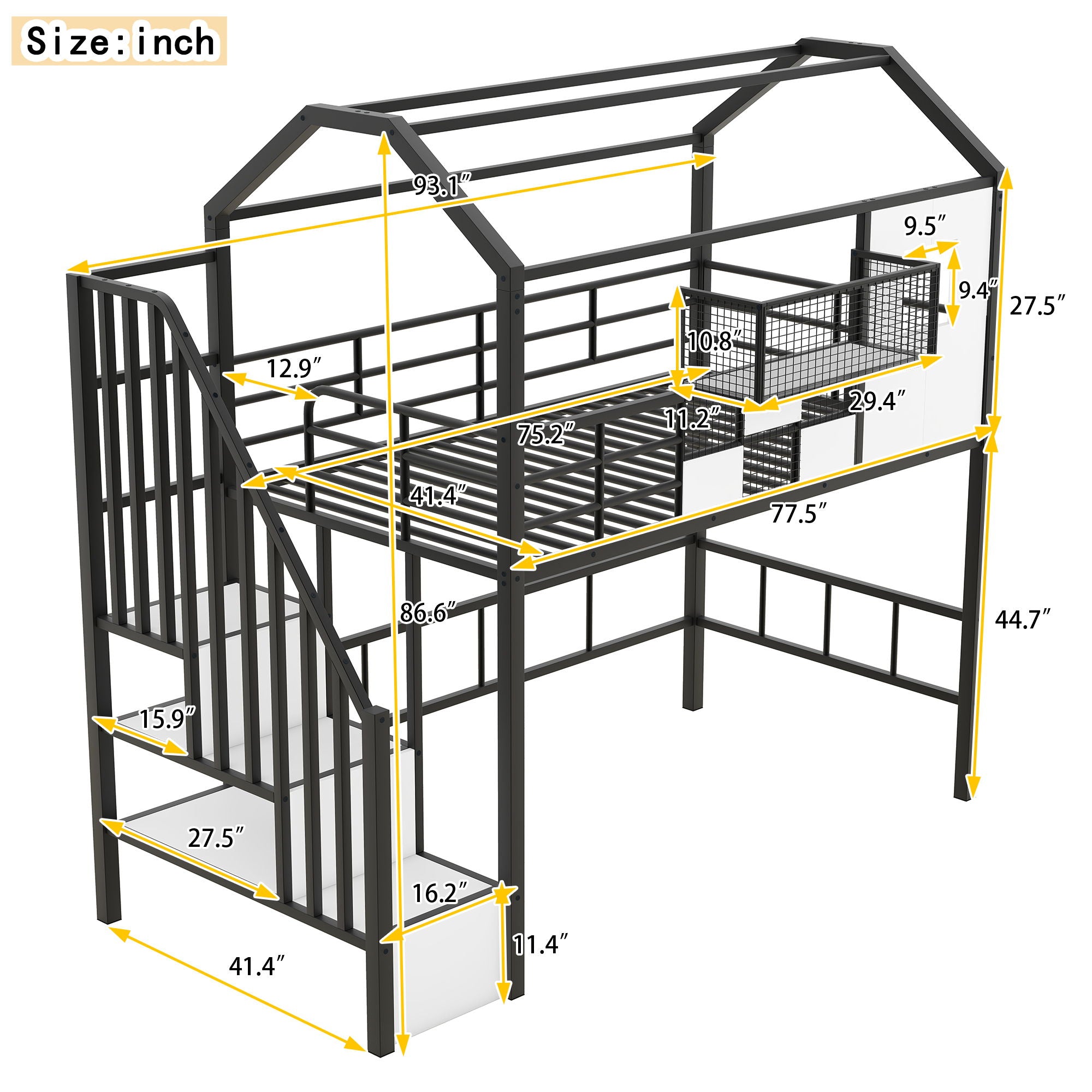 Metal Loft Bed With Roof Design And Storage Box With Guardrails And Integrated Ladder by Unique Piece Furniture