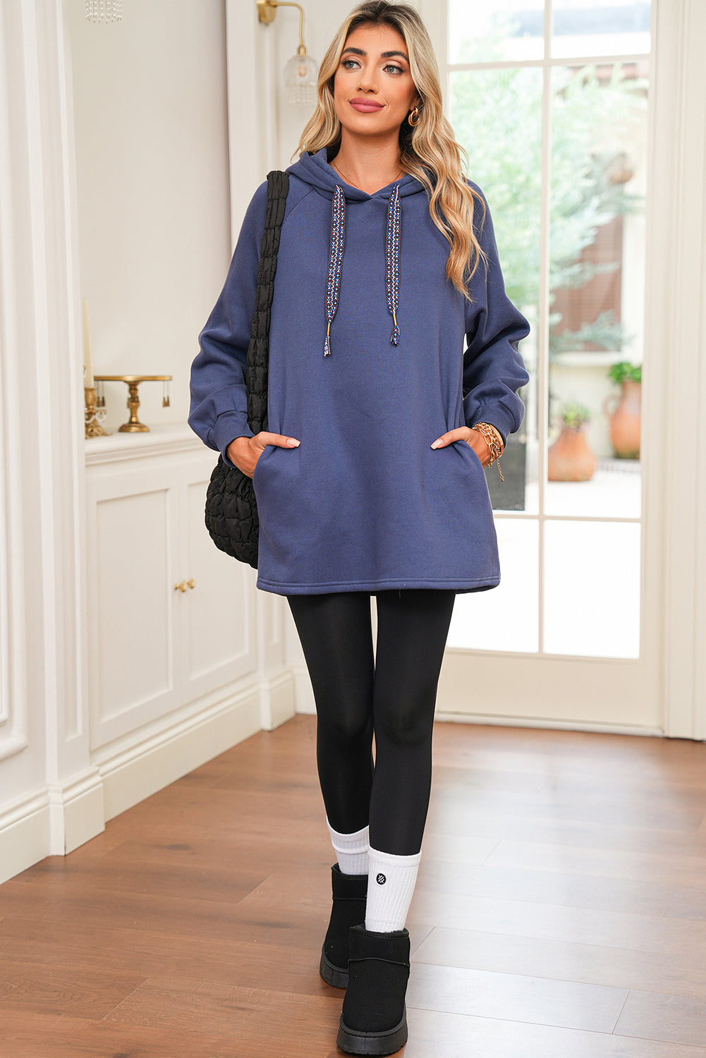 Raglan Sleeve Drawstring Hooded Tunic Sweatshirt by Wild and Free Boutique