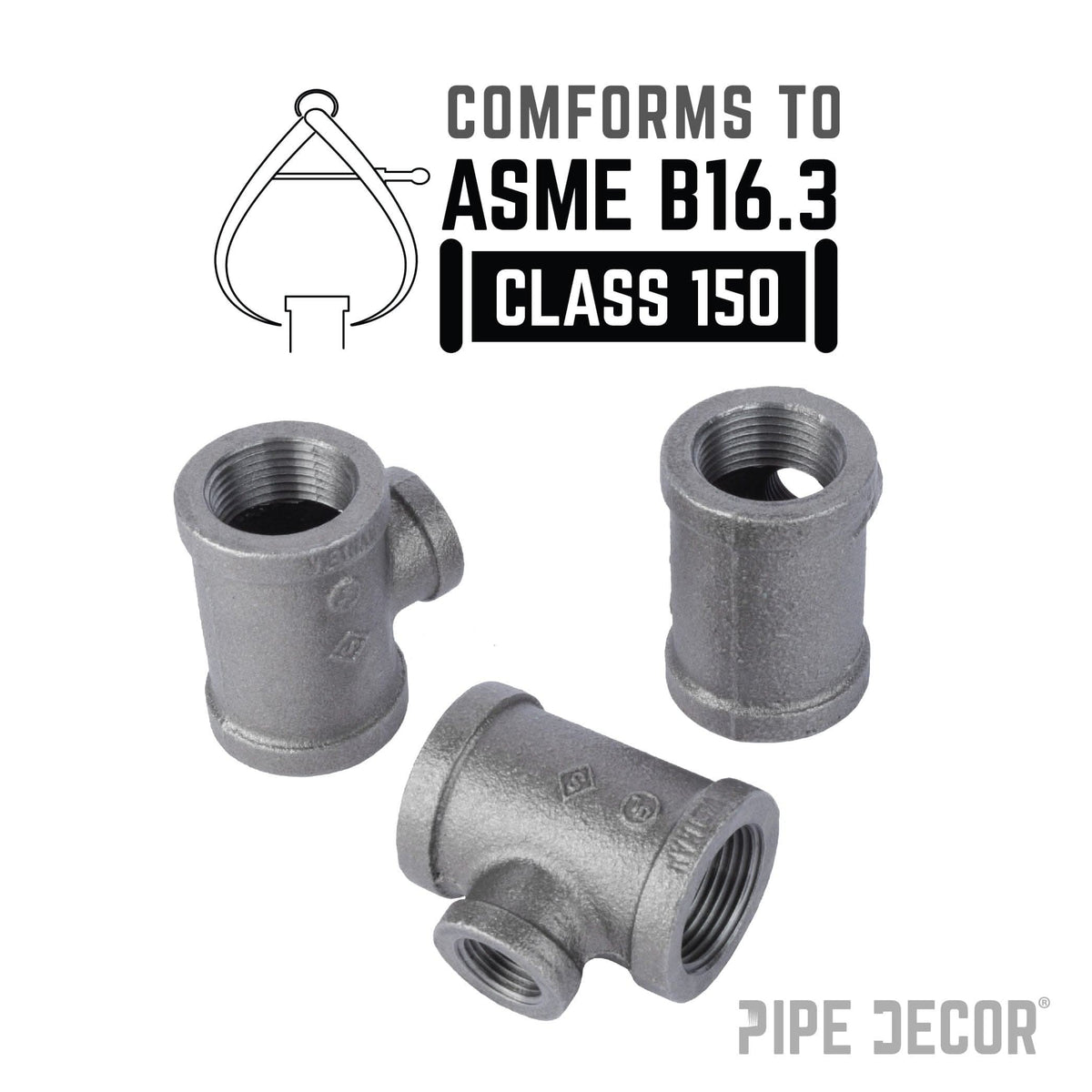 2 in. x 2 in. x 1/2 in. Black Reducing Tee by PIPE DECOR