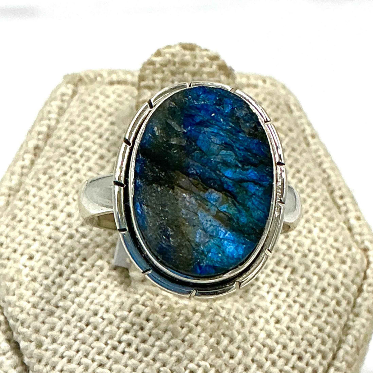 Sterling Silver Rough Lined Oval Labradorite Ring - Size 7 - Intuition, Protection & Transformation by Sacred Crystals