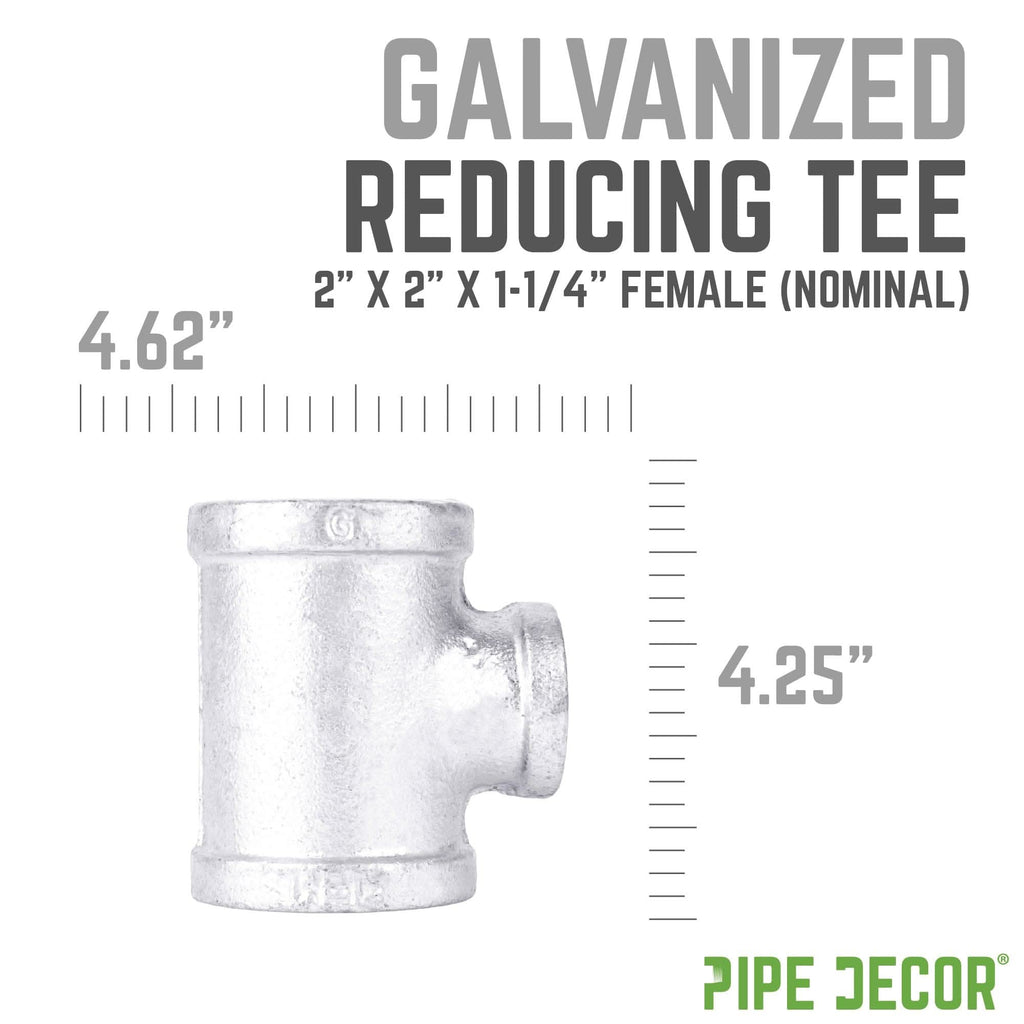 2 in. x 2 in. x 1 1/4 in. Galvanized Iron Reducing Tee by PIPE DECOR