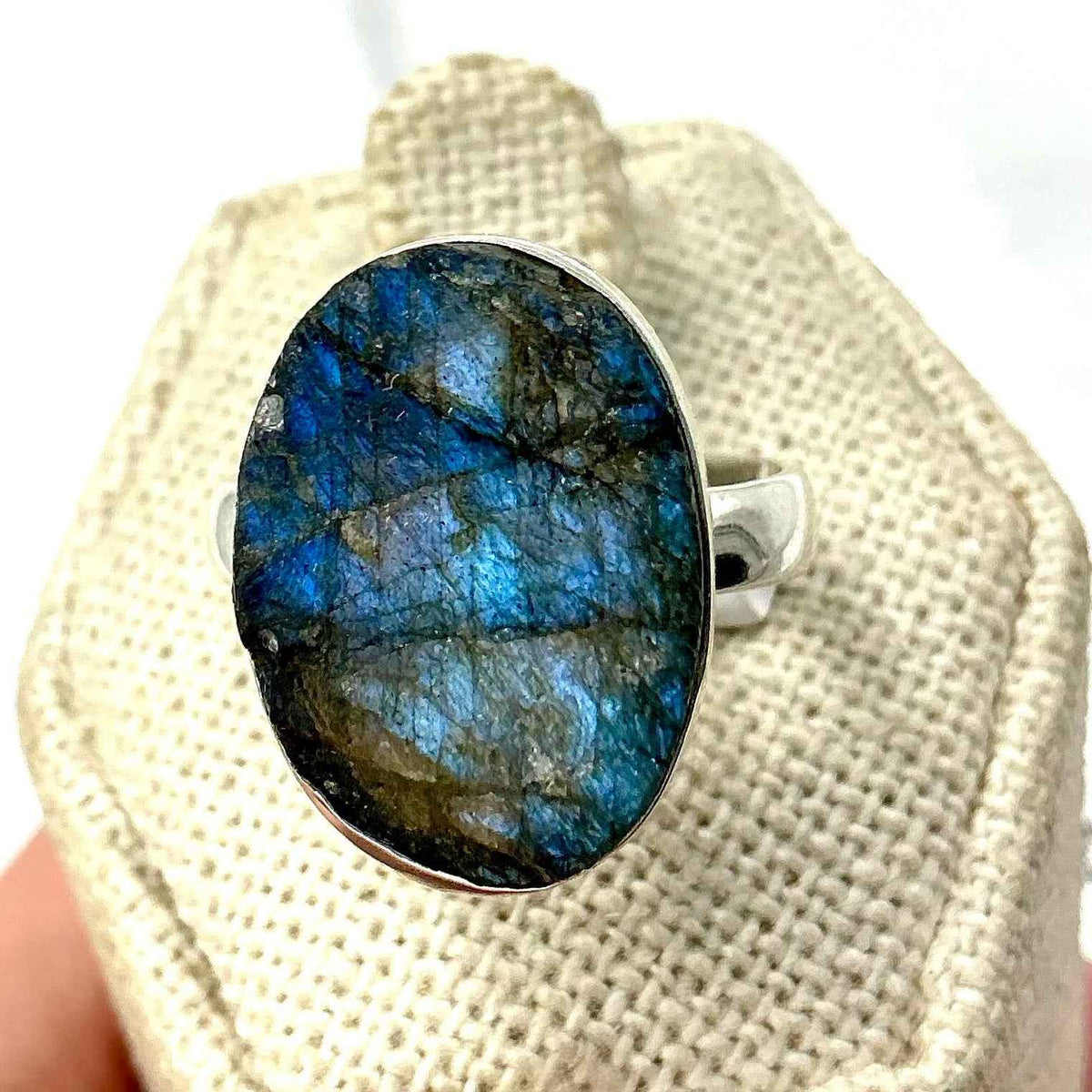 Sterling Silver Rough Oval Labradorite Ring - Size 8 - Intuition, Protection & Transformation by Sacred Crystals
