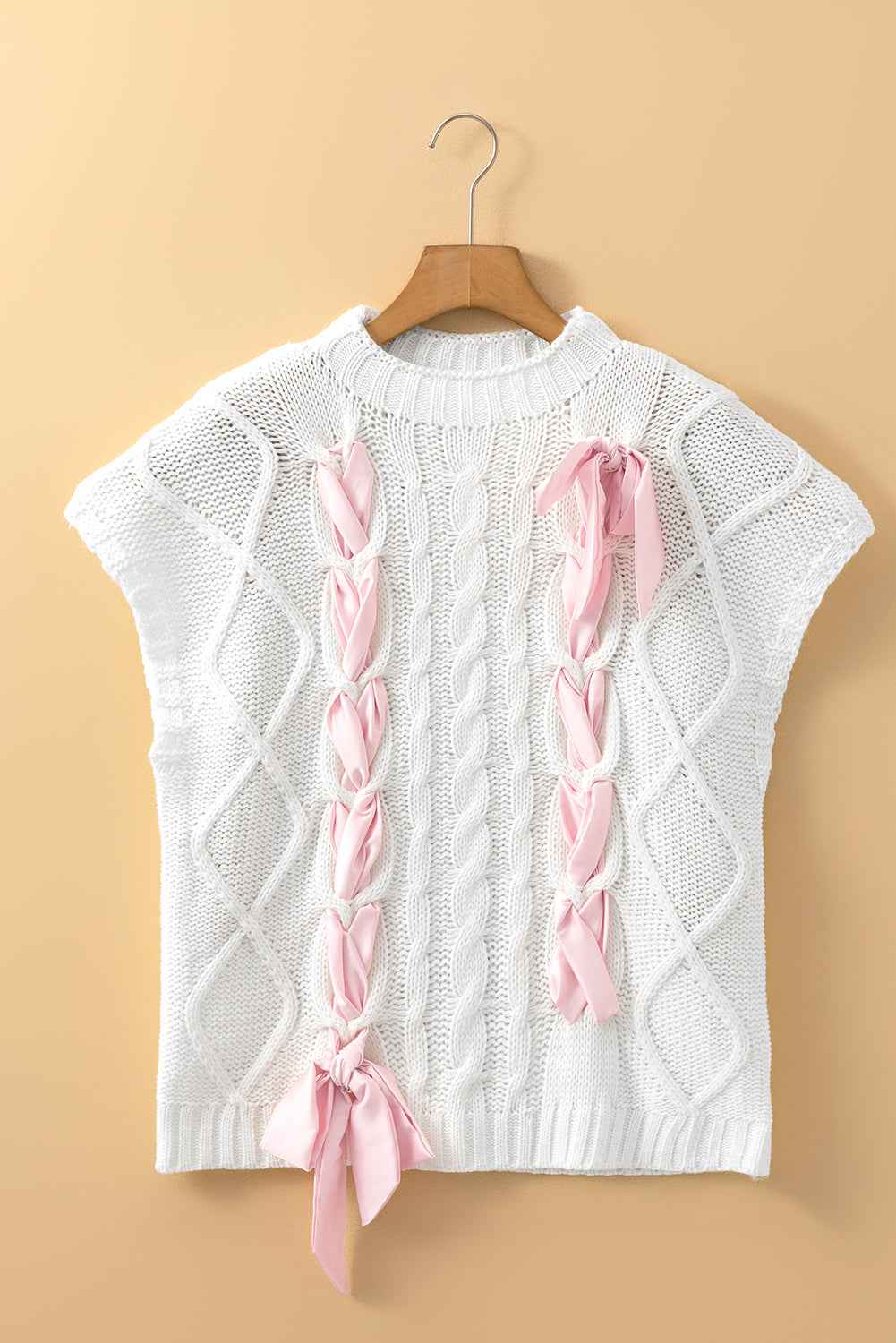 White Cable Knit Colorblock Satin Bowknot Short Sleeve Sweater by Wild and Free Boutique