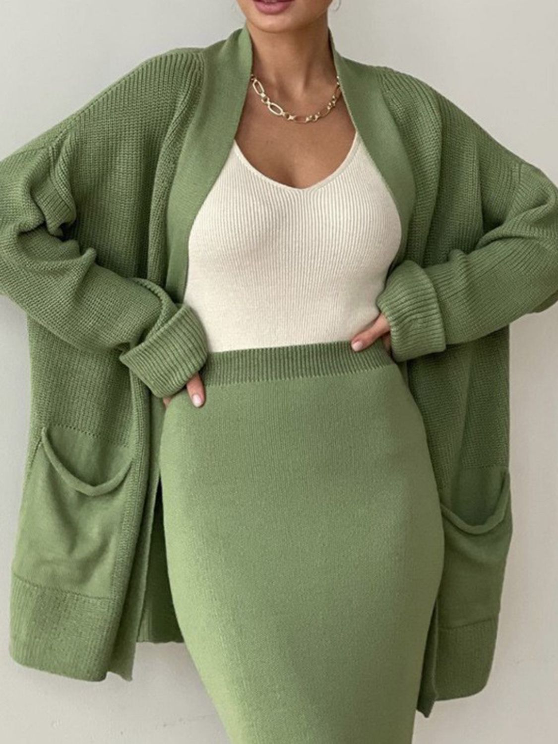 Pocketed Long Sleeve Cardigan and Skirt Sweater Set by Wild and Free Boutique