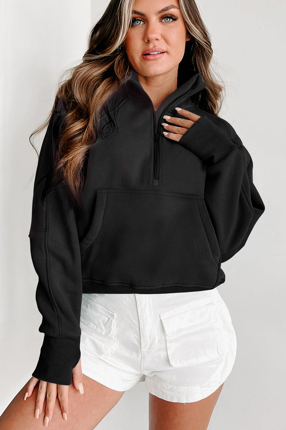 Smoke Green Quarter Zip Stand Neck Kangaroo Pocket Sweatshirt by Wild and Free Boutique