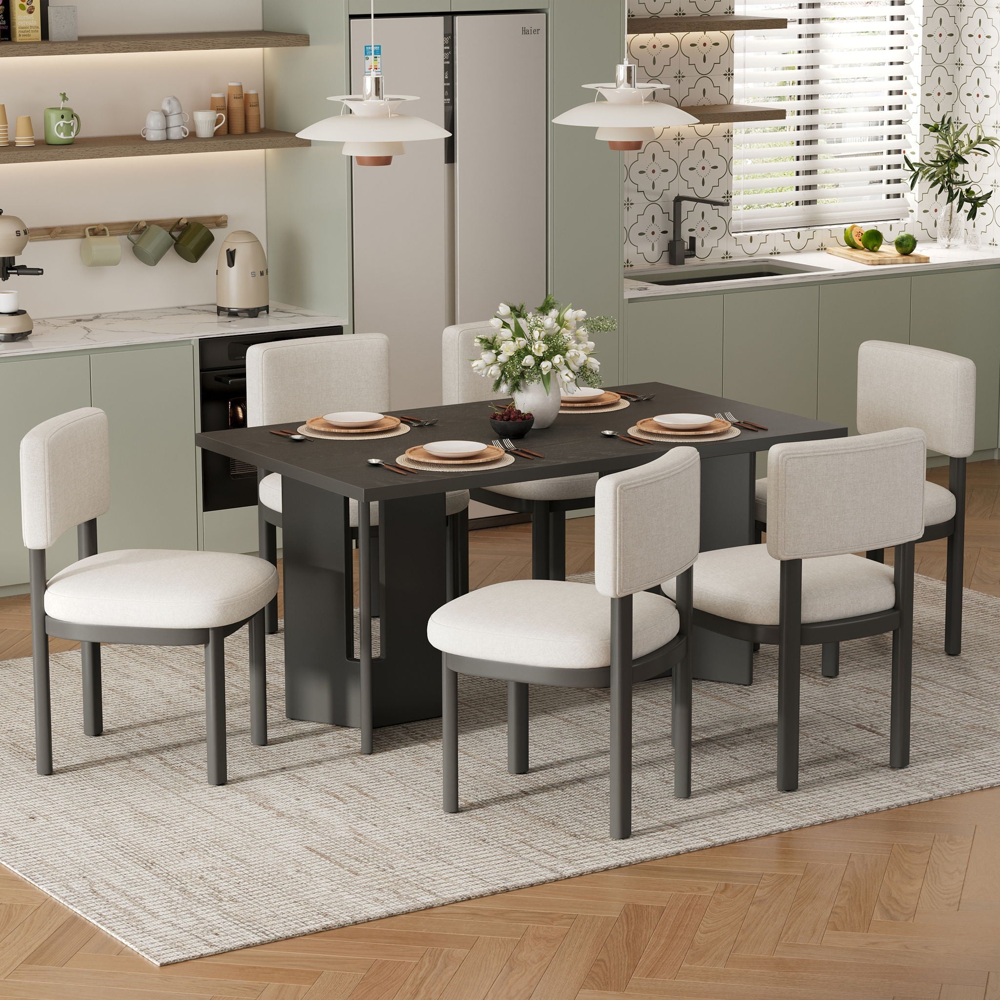 Dining Table Set With 6 Upholstered Chairs, Rectangular Table With Cutout Legs by Unique Piece Furniture