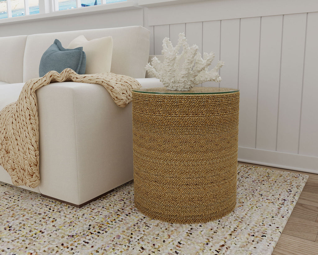 Halden Round Woven Seagrass Accent Side Table Light Brown by Unique Piece Furniture