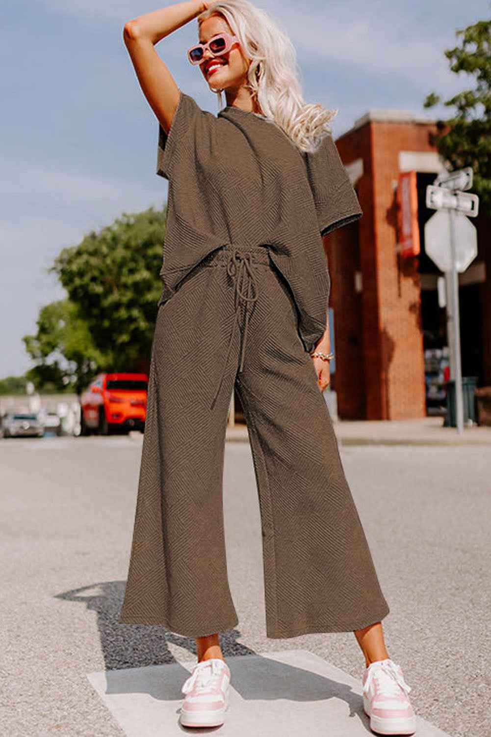 Brown Textured Loose Fit T Shirt and Drawstring Pants Set by Wild and Free Boutique