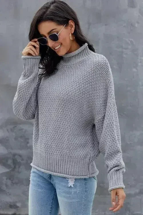 New Gray Chunky Batwing Long Sleeve Turtleneck Sweater by Femstylo
