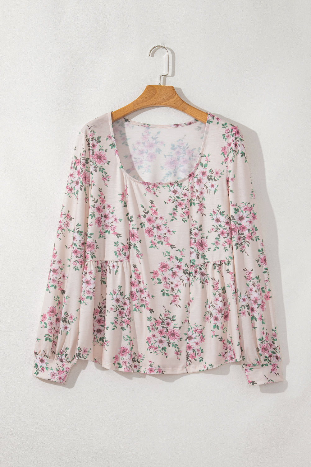 Pink Floral Print Pleated U Neck Loose Fit Blouse by Wild and Free Boutique