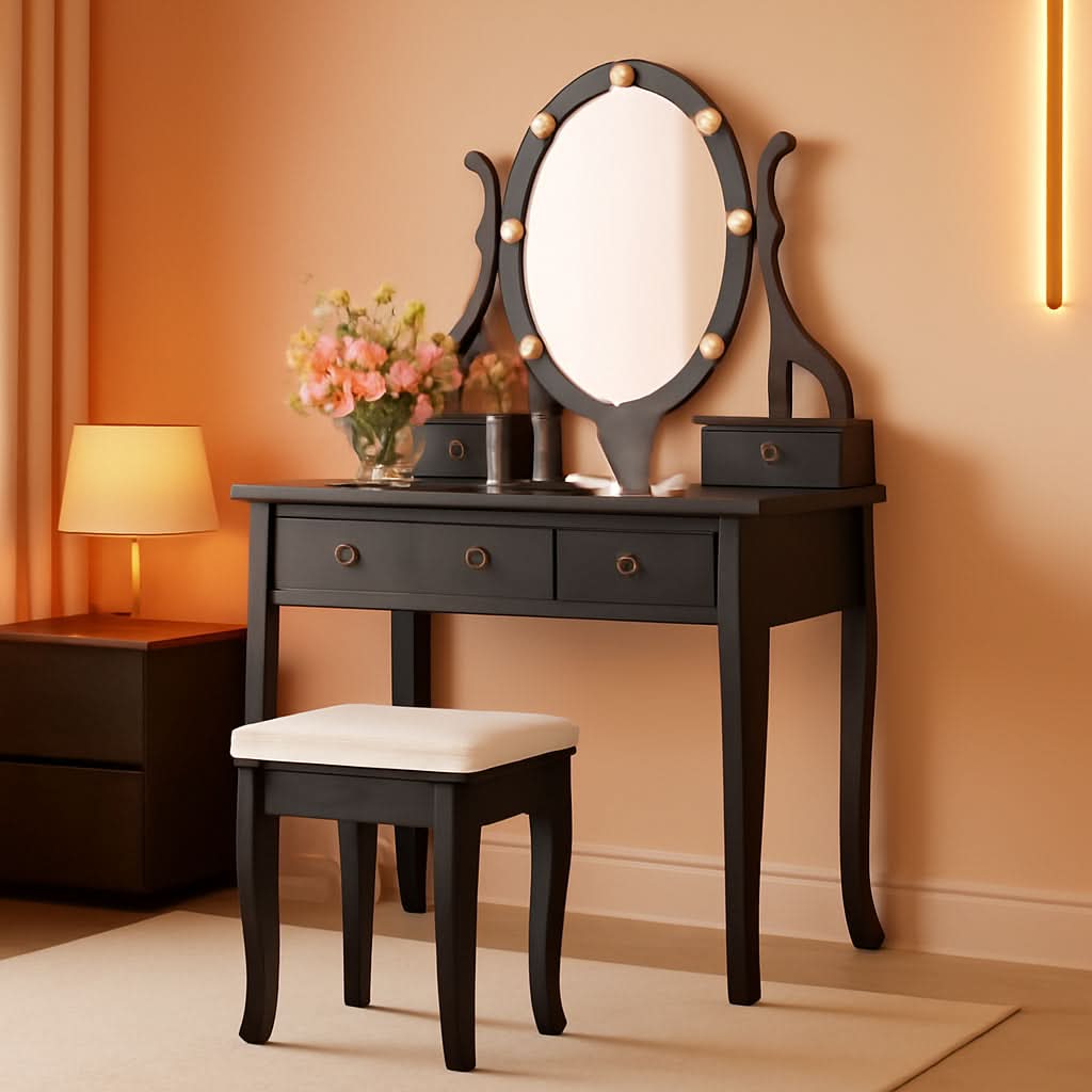 Three Color Dimmable LED Lighted Vanity Mirror Set With Built In Storage For Makeup Station by ShipItFurniture