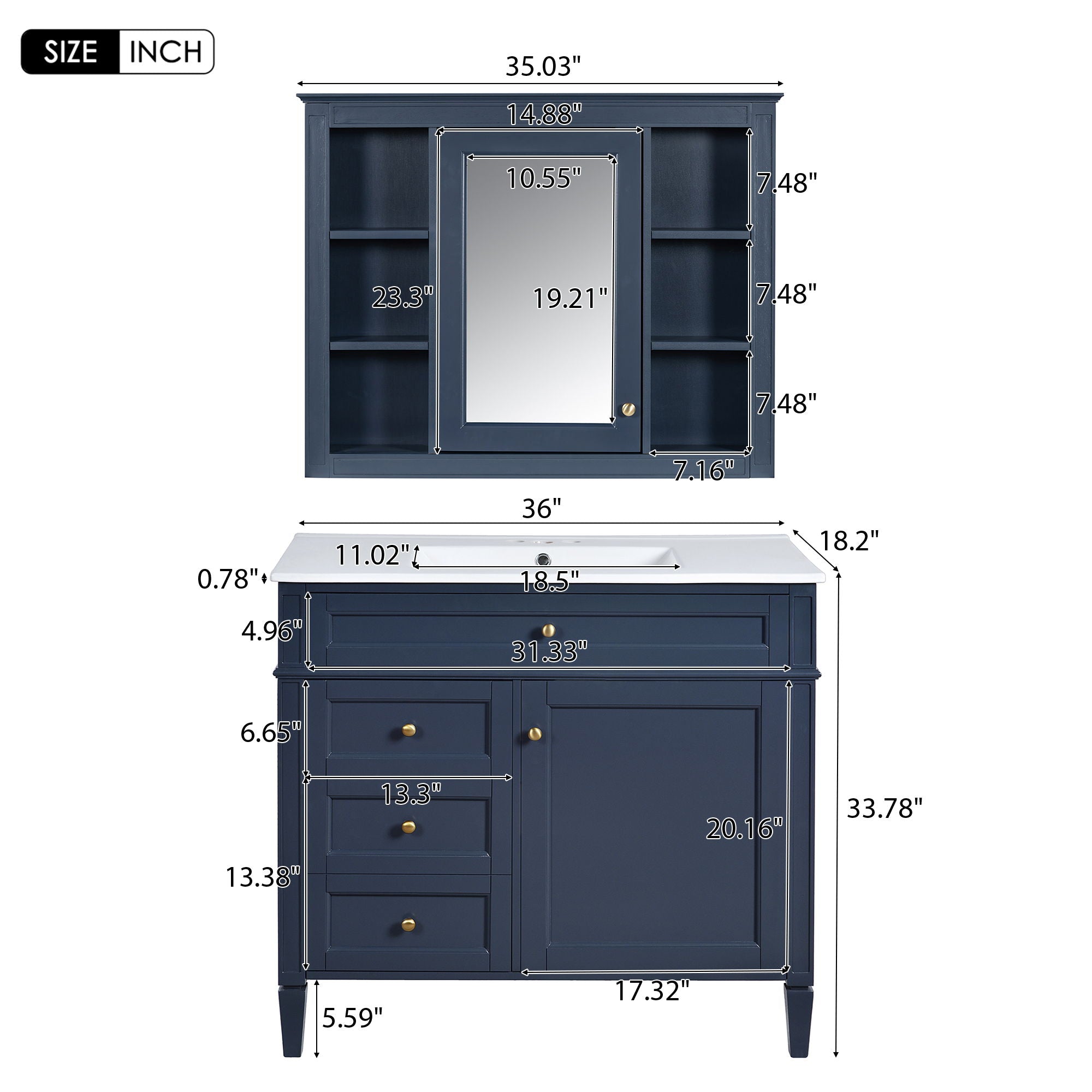 Bathroom Vanity With Mirror Cabinet, Single Sink With 2 Soft Closing Doors And 4 Drawers by Unique Piece Furniture
