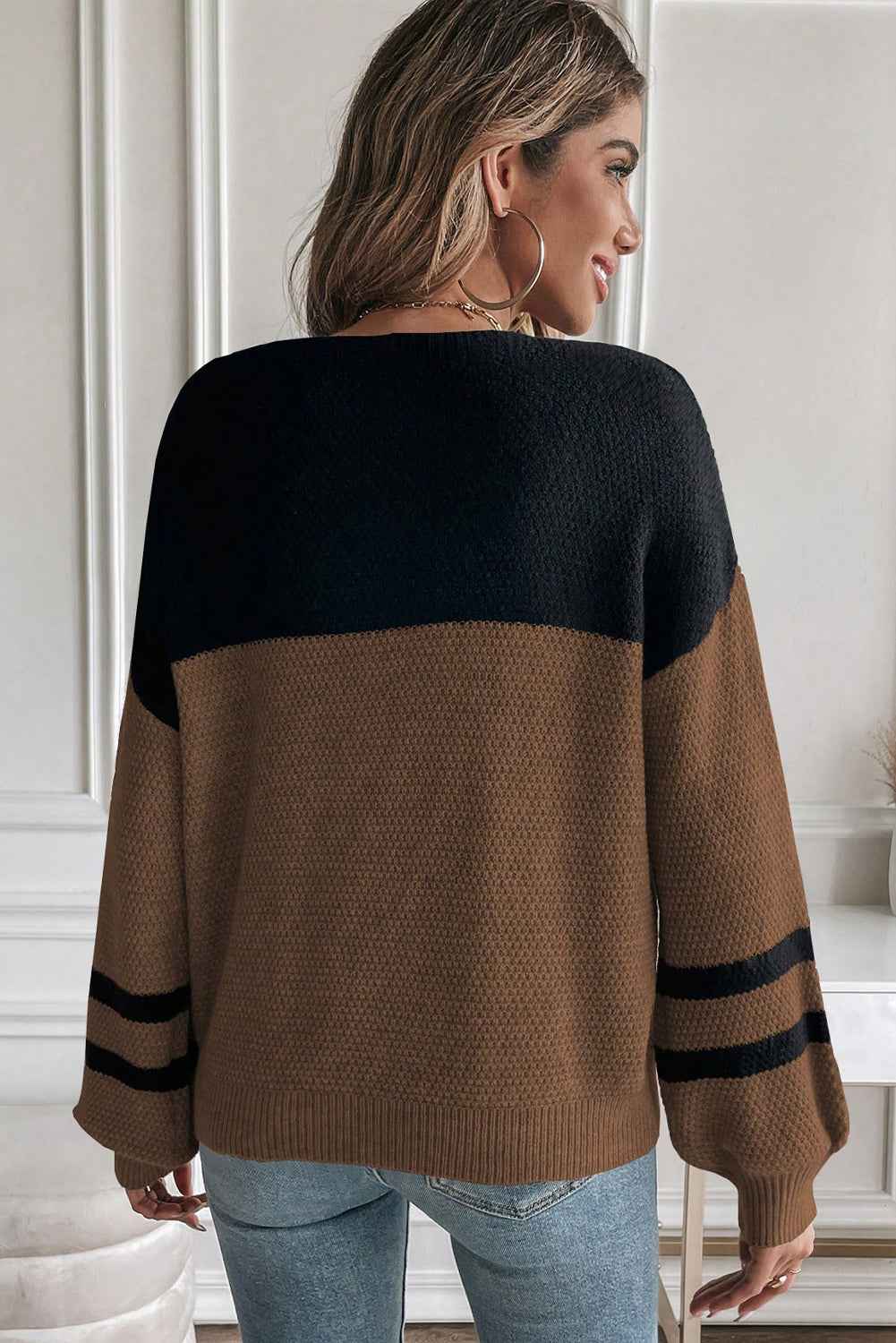 Dark Brown Color Block Knit Striped Sleeve Detail Casual Sweater by Wild and Free Boutique