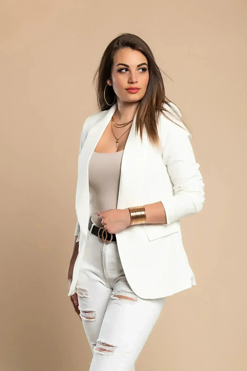 White Long Blazer with 3/4 Sleeves - Italian Made | Femstylo by Femstylo