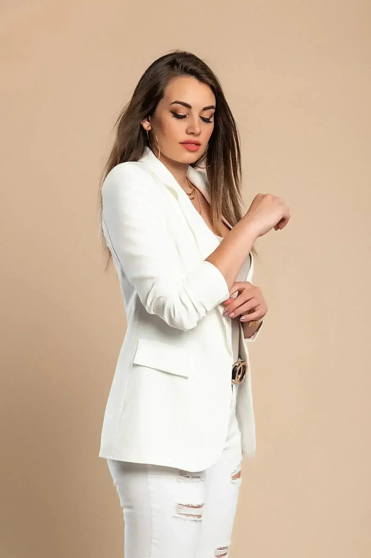 White Long Blazer with 3/4 Sleeves - Italian Made | Femstylo by Femstylo