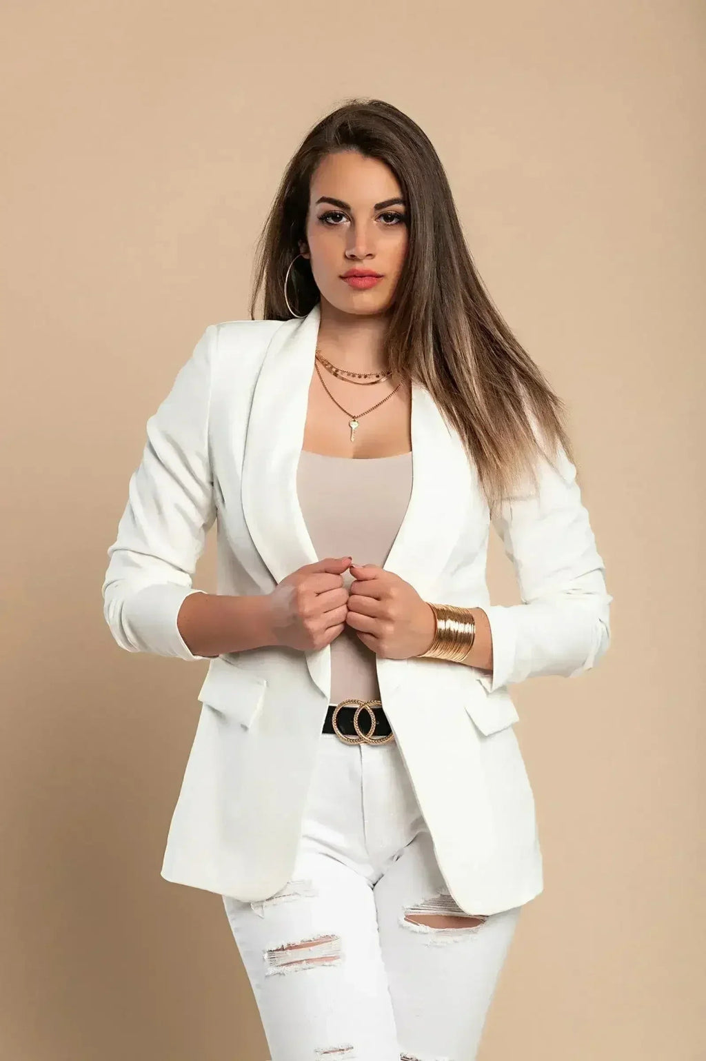 White Long Blazer with 3/4 Sleeves - Italian Made | Femstylo by Femstylo