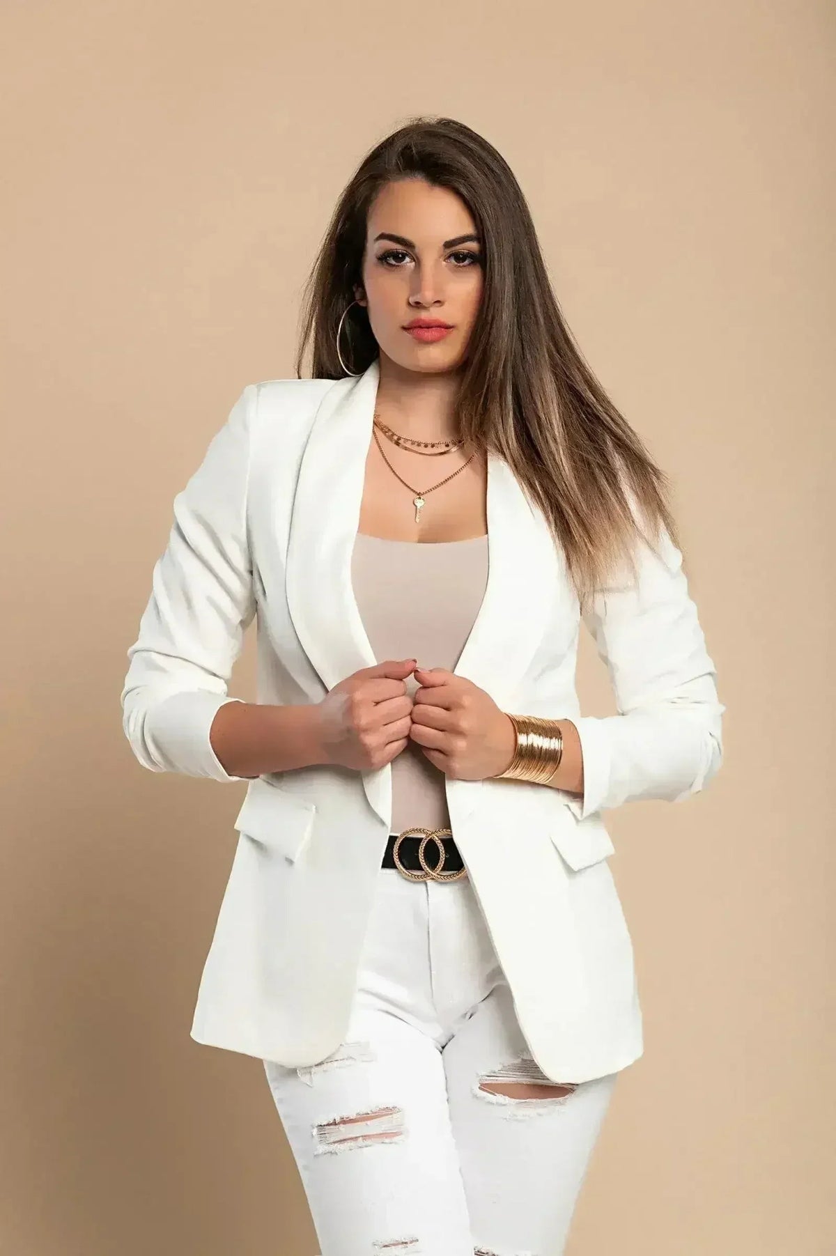 White Long Blazer with 3/4 Sleeves - Italian Made | Femstylo by Femstylo
