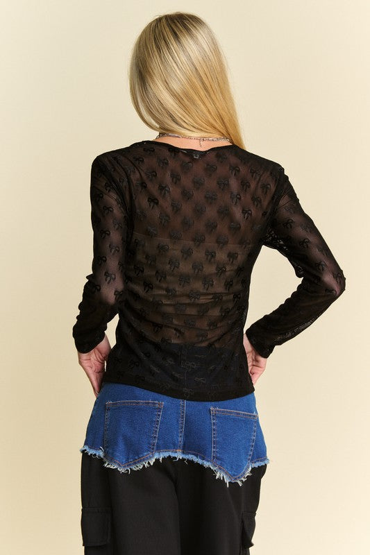 Davi & Dani Bow Mesh Round Neck Long Sleeve Top by Wild and Free Boutique