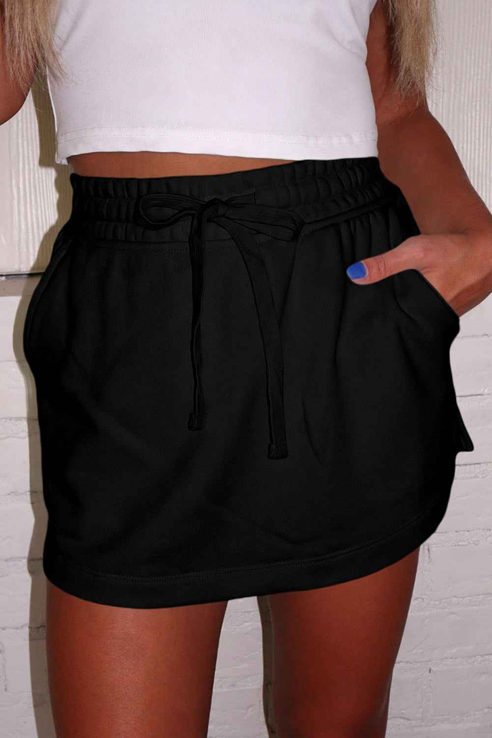 Black French Terry Drawstring Elastic Waistband Mini Skort with Pockets by Dear-Lover Dropshipping