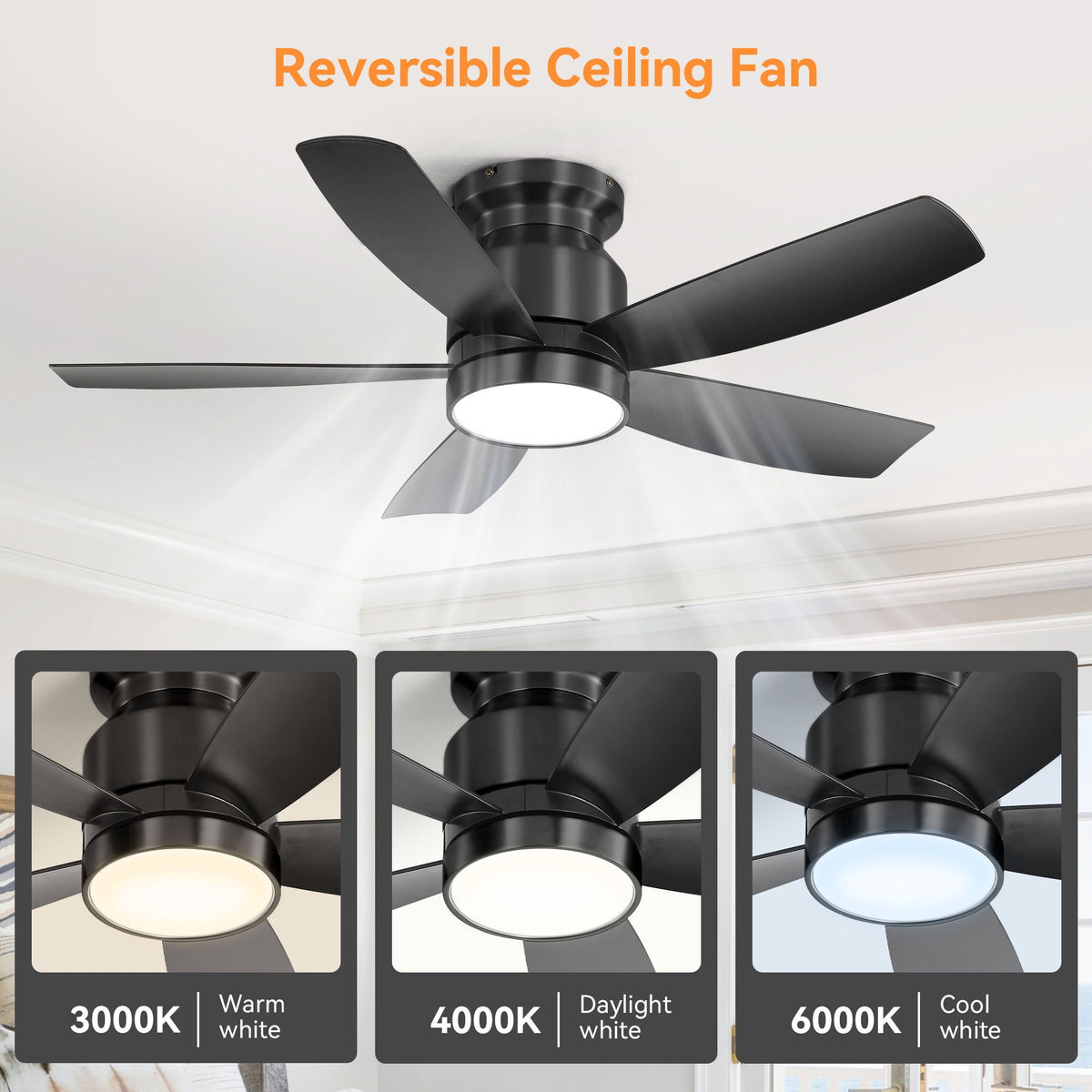 Flush Mount Ceiling Fan With 18W LED Light And Remote Control Blades - Black by Unique Piece Furniture