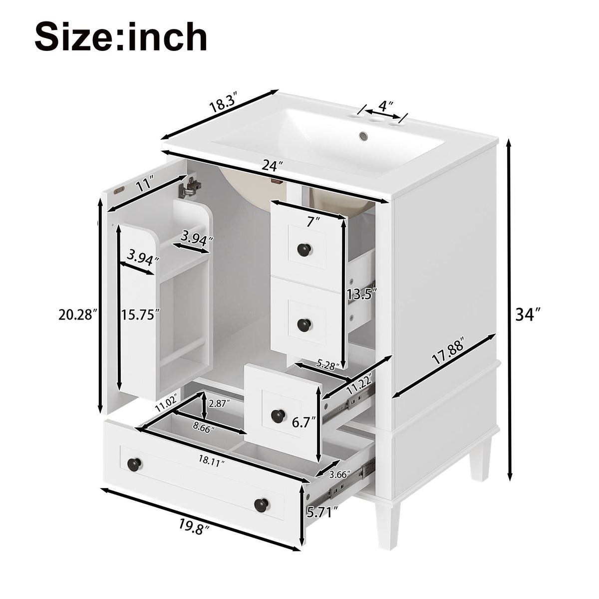 Bathroom Vanity With Integrated Basin, Soft Close Drawers, Door Mounted Double Layer Shelf by Unique Piece Furniture