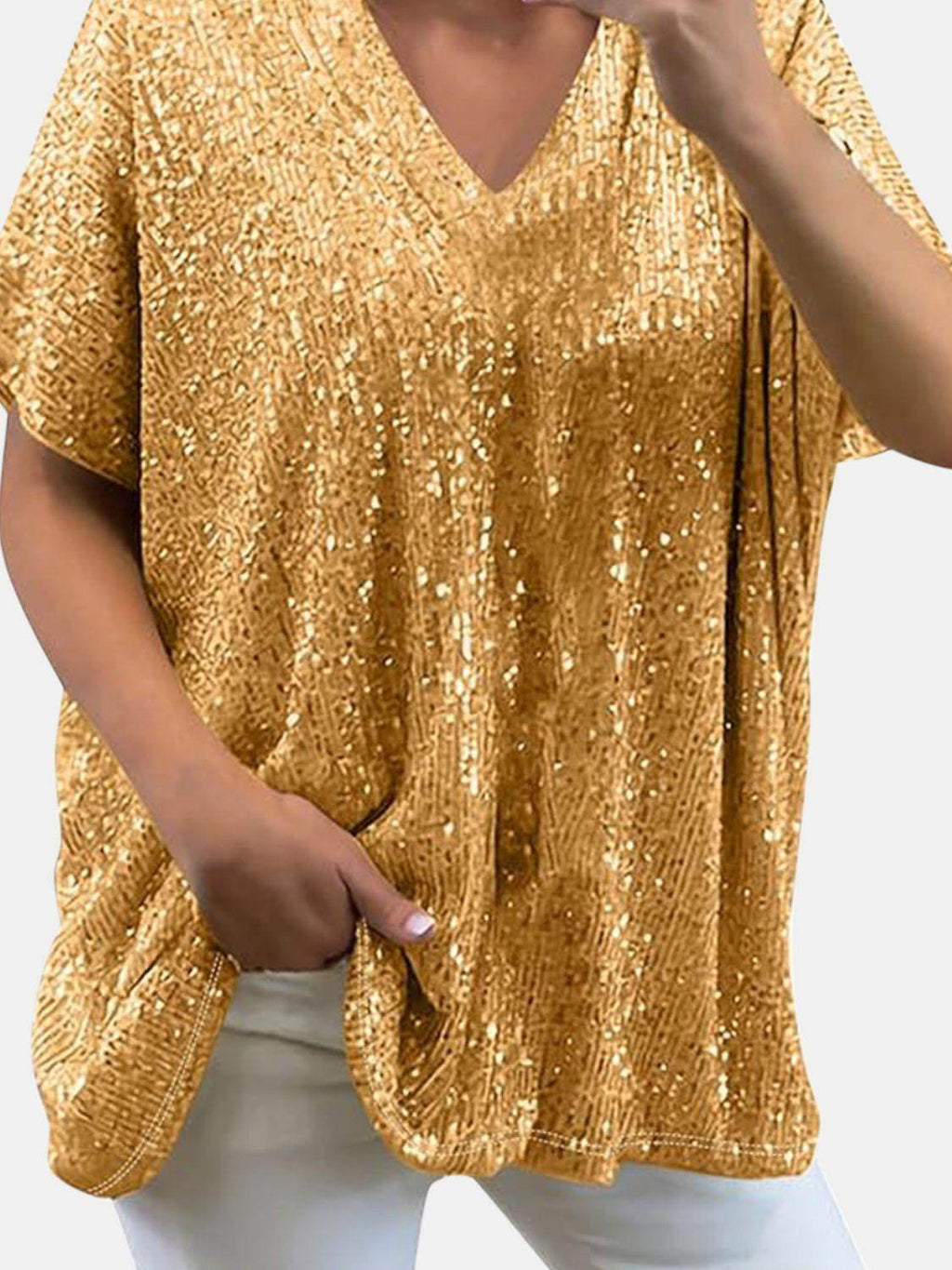 Full Size Sequin V-Neck Short Sleeve Top for Women by Selvanelle