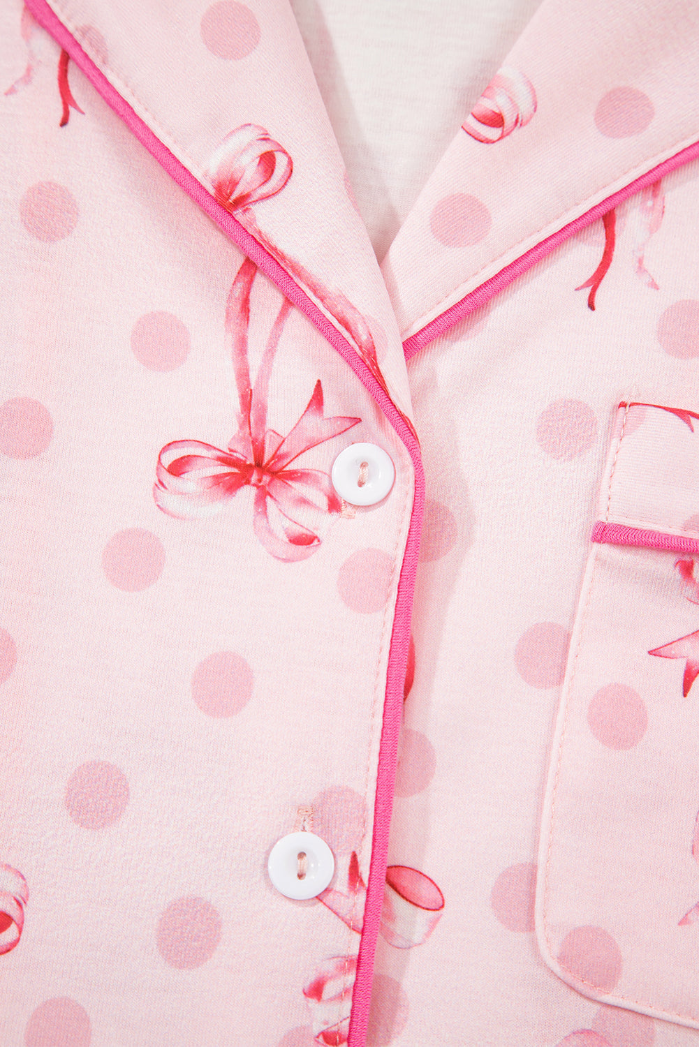Pink Bow Print Contrast Pipping Short Pajamas Set by Wild and Free Boutique