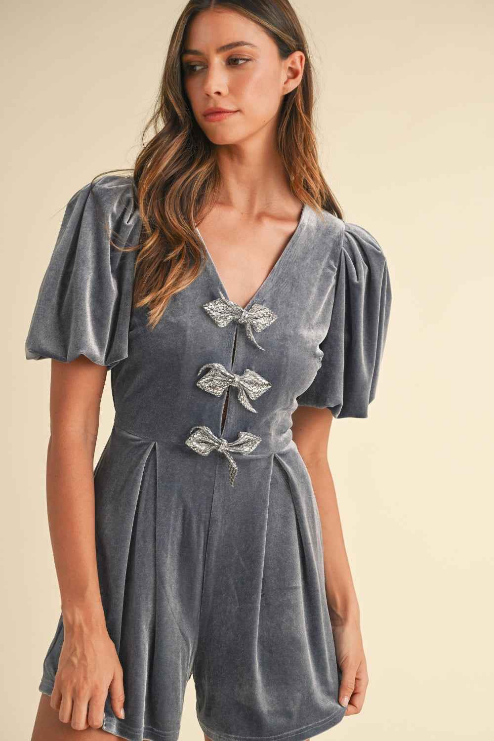 Mable Jewel Bow Decor Puff Sleeve Velvet Romper by Wild and Free Boutique