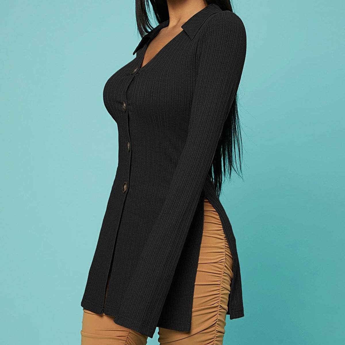 Women's V-Neck Ribbed Knit Button Cardigan Top – Black by FitiqueFit
