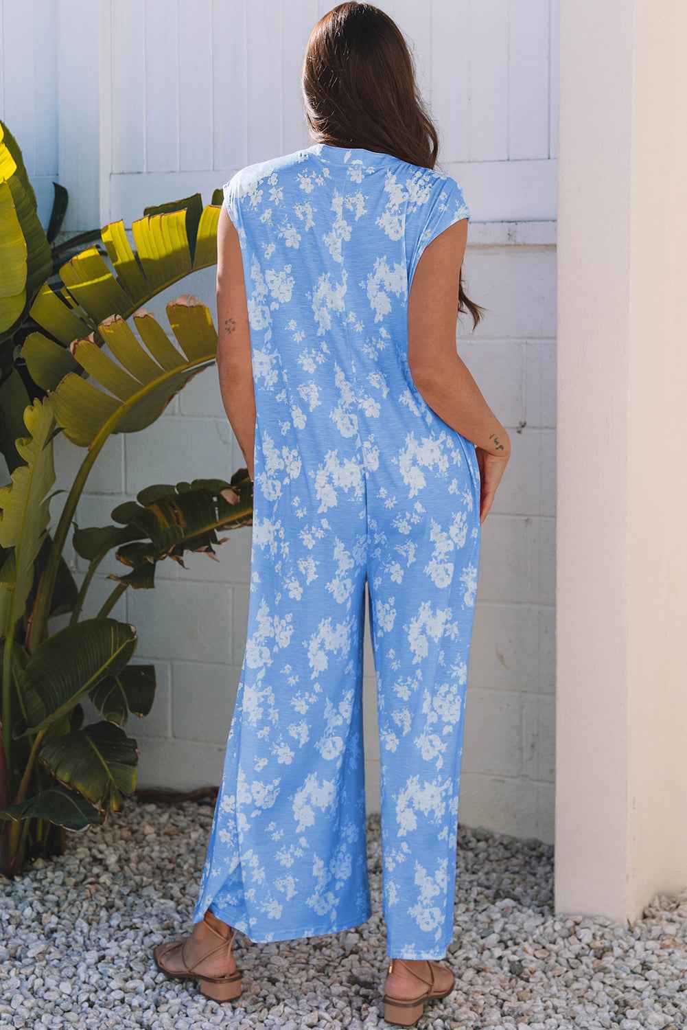 Myosotis Floral Print Half Button Wide Leg Relaxed Sleeveless Jumpsuit by Dear-Lover Dropshipping
