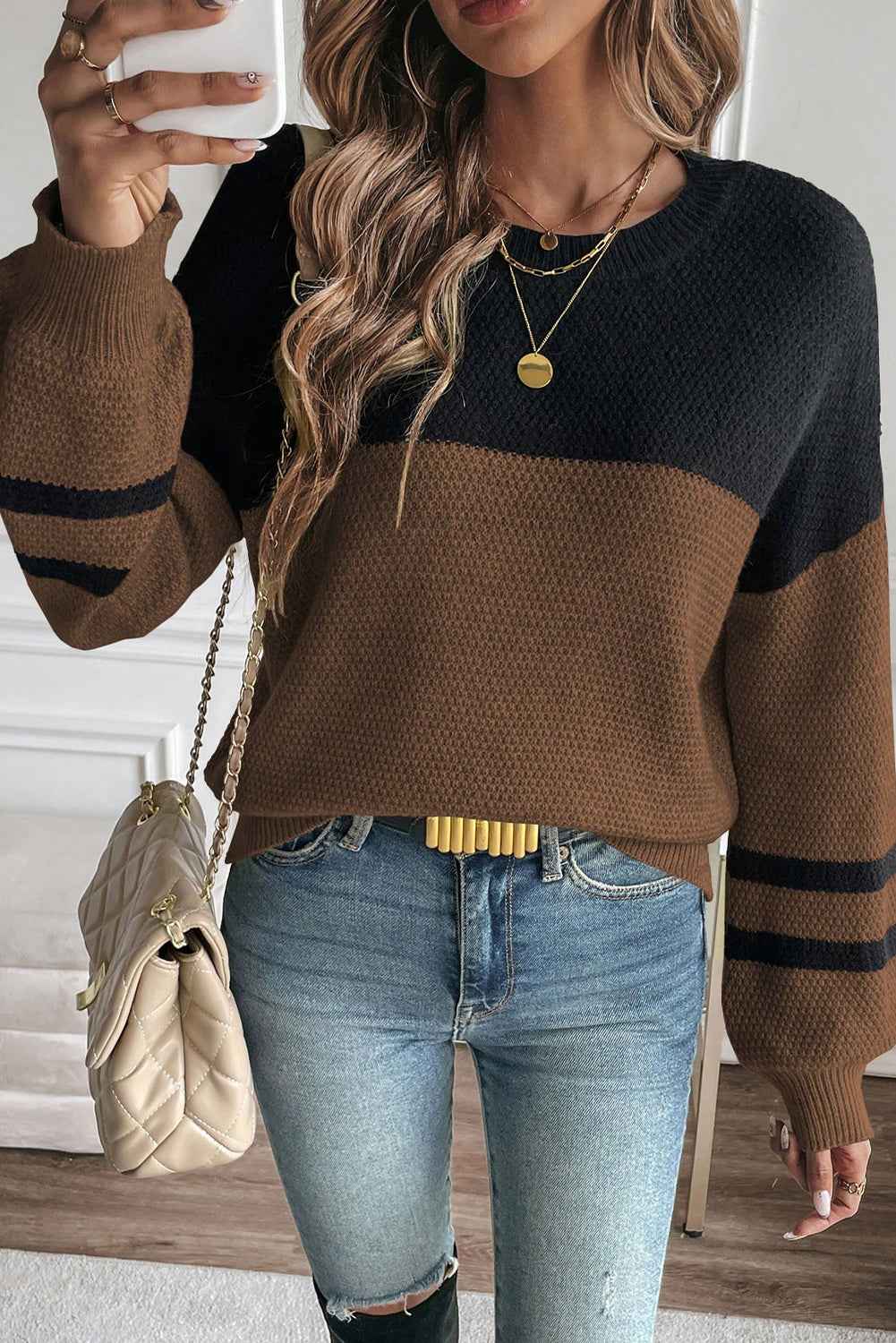 Dark Brown Color Block Knit Striped Sleeve Detail Casual Sweater by Wild and Free Boutique
