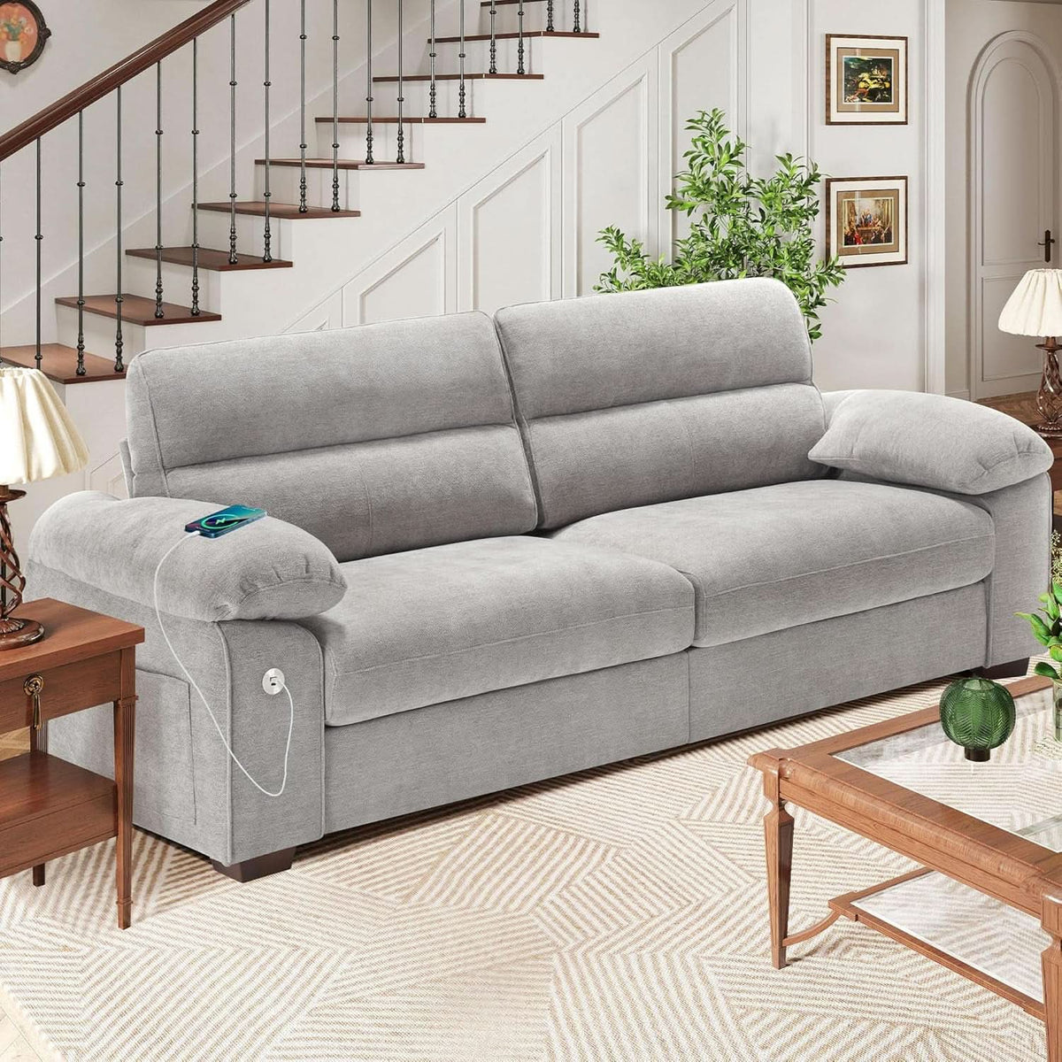 70 Inch Gray Chenille Loveseat With USB C Ports And Plush Cushions by ShipItFurniture
