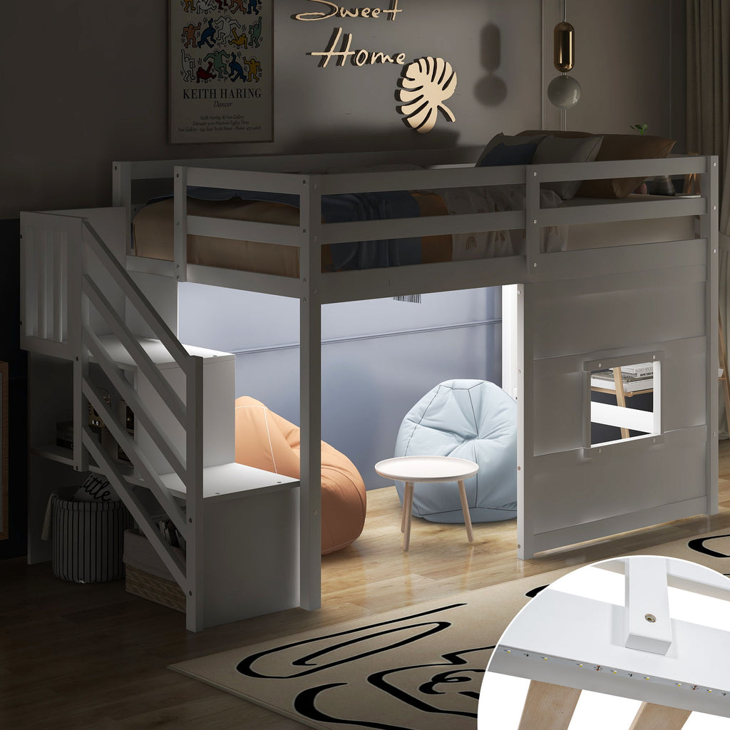 Loft Bed With Storage Staircase, Window & LED Light by Unique Piece Furniture