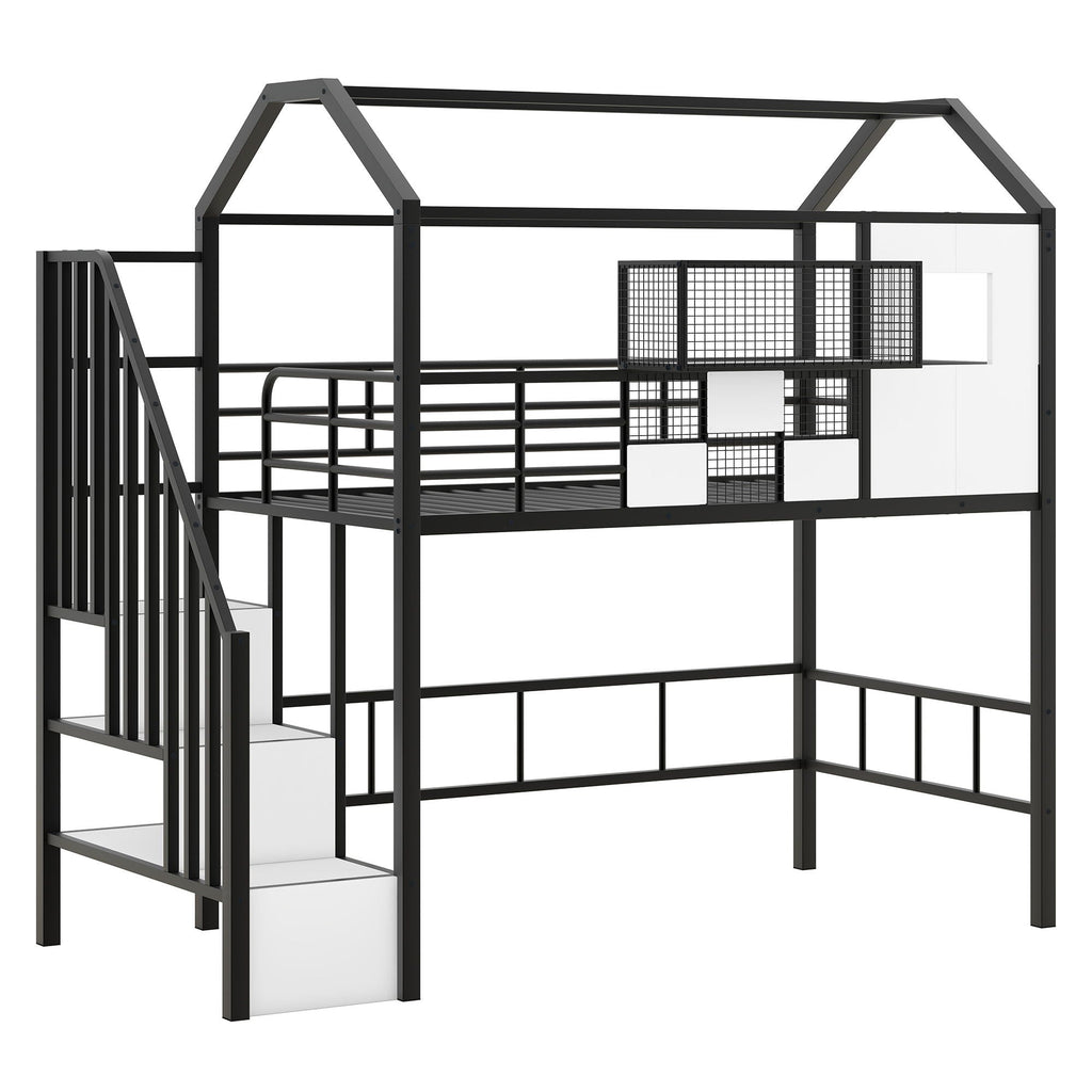 Metal Loft Bed With Roof Design And Storage Box With Guardrails And Integrated Ladder by Unique Piece Furniture
