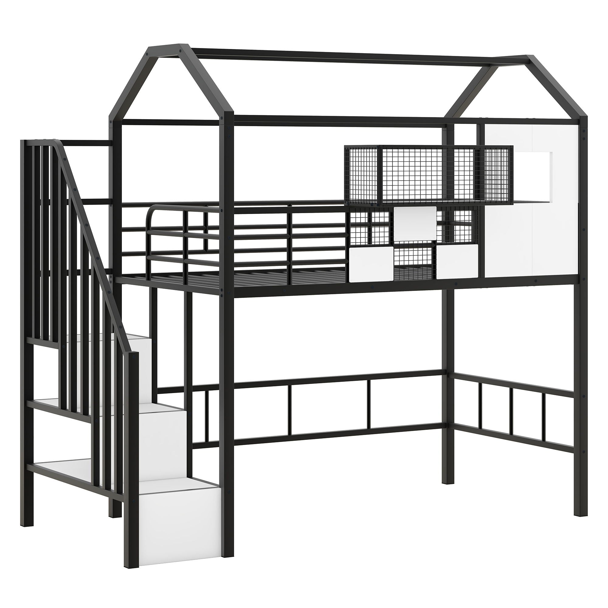 Metal Loft Bed With Roof Design And Storage Box With Guardrails And Integrated Ladder by Unique Piece Furniture