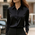 Loose Fit Satin Blouse — V-Neck Long Sleeve Tunic Top for Office & Casual Wear by FitiqueFit