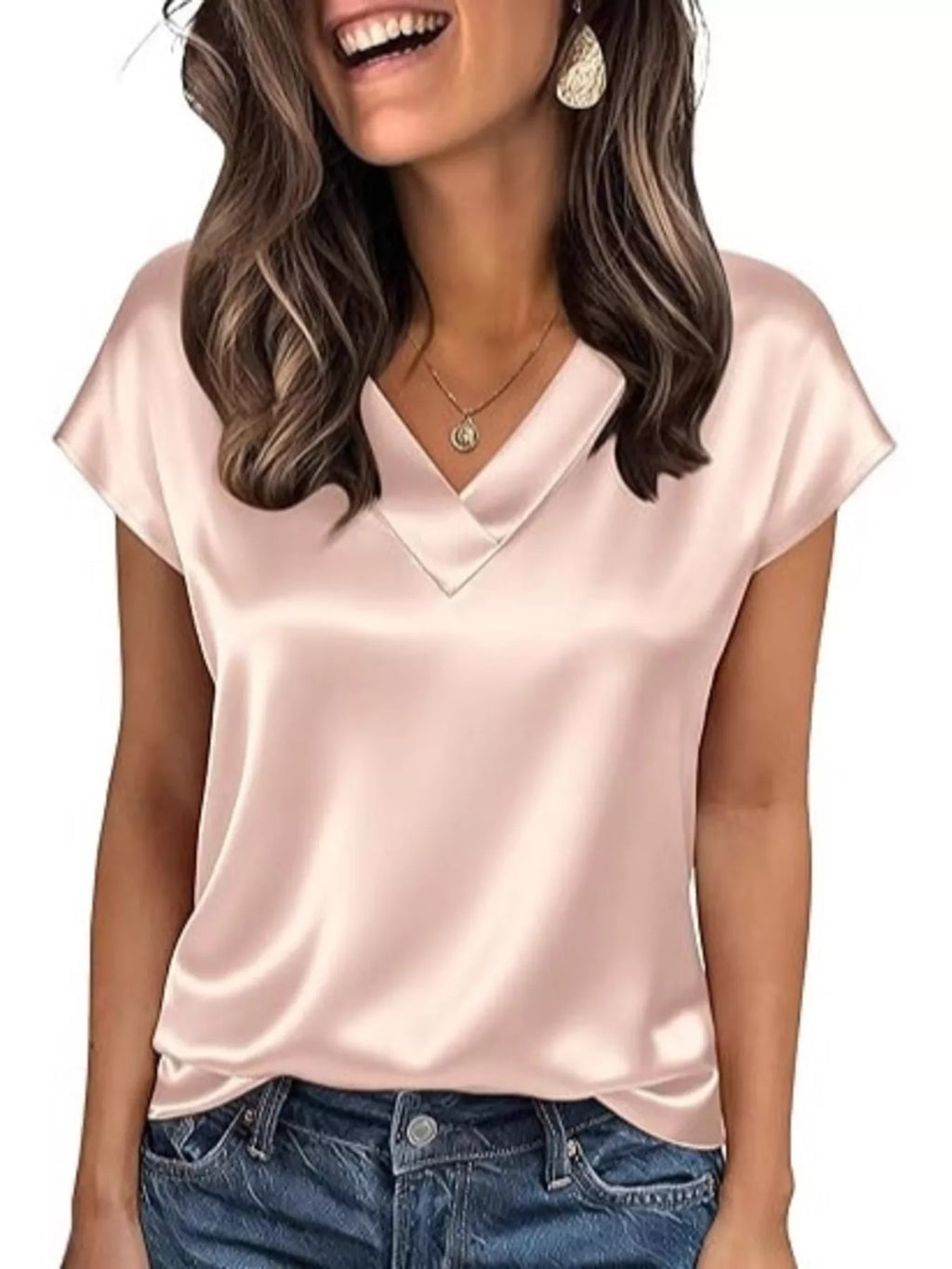 Satin V-Neck Short Sleeve Blouse by Wild and Free Boutique
