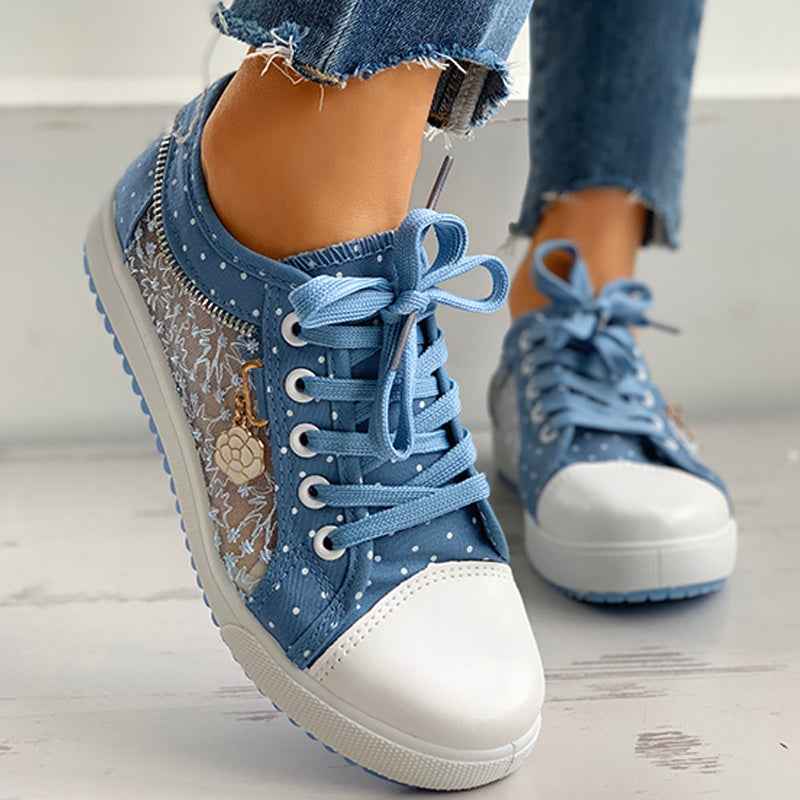 Floral Embroidered Polka Dot Print Sneakers — Women’s Casual Canvas Shoes by FitiqueFit