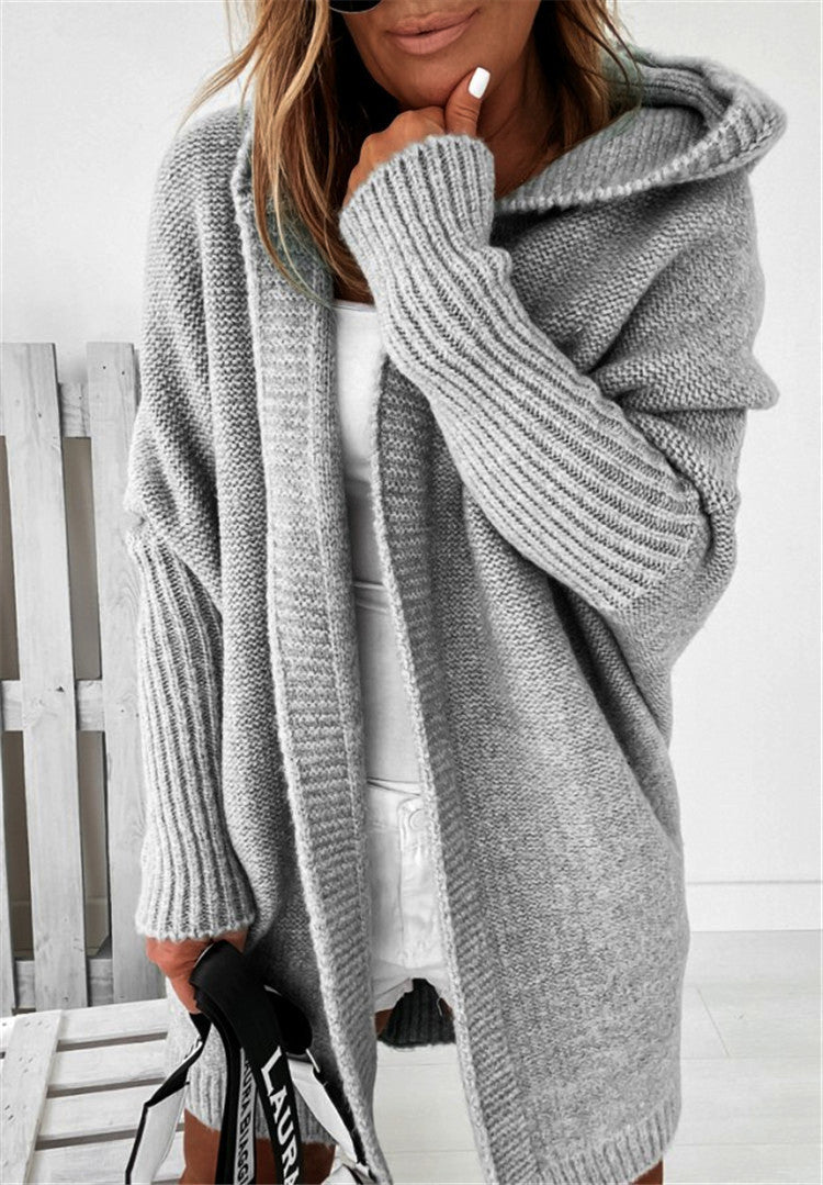 Fashion Bat Sleeve Hooded Cardigan Oversized Loose Temperament Solid Color Sweater Womens Clothing by Social Buzz eSIMs