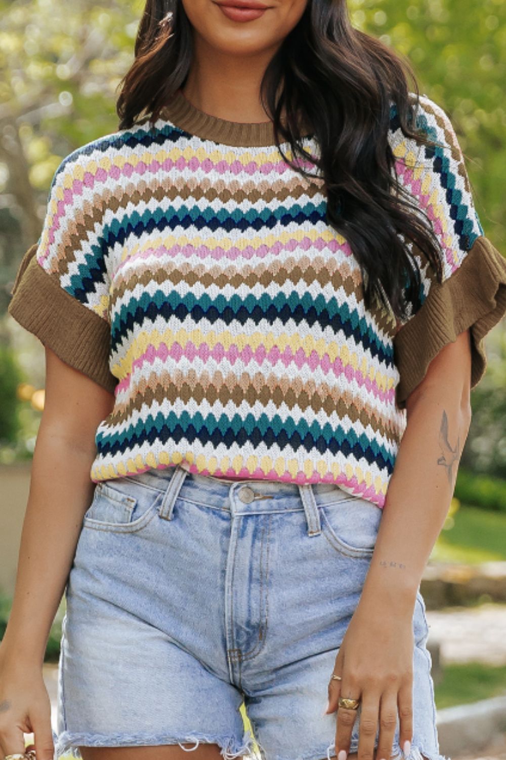 Contrast Round Neck Short Sleeve Sweater by Wild and Free Boutique