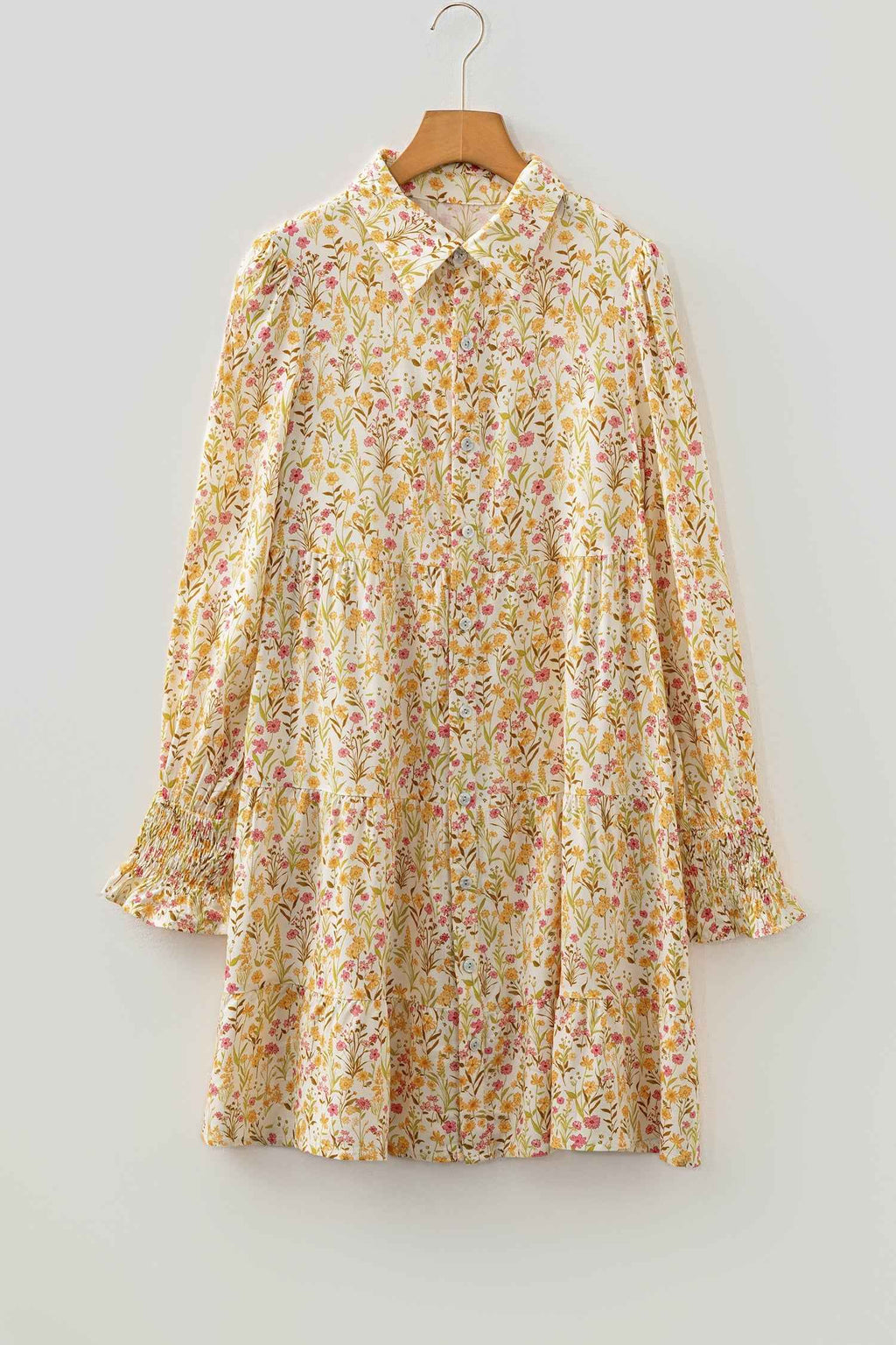 Yellow Floral Print Frilly Trim Smocked Cuff Long Sleeve Loose Shirt Dress by Wild and Free Boutique