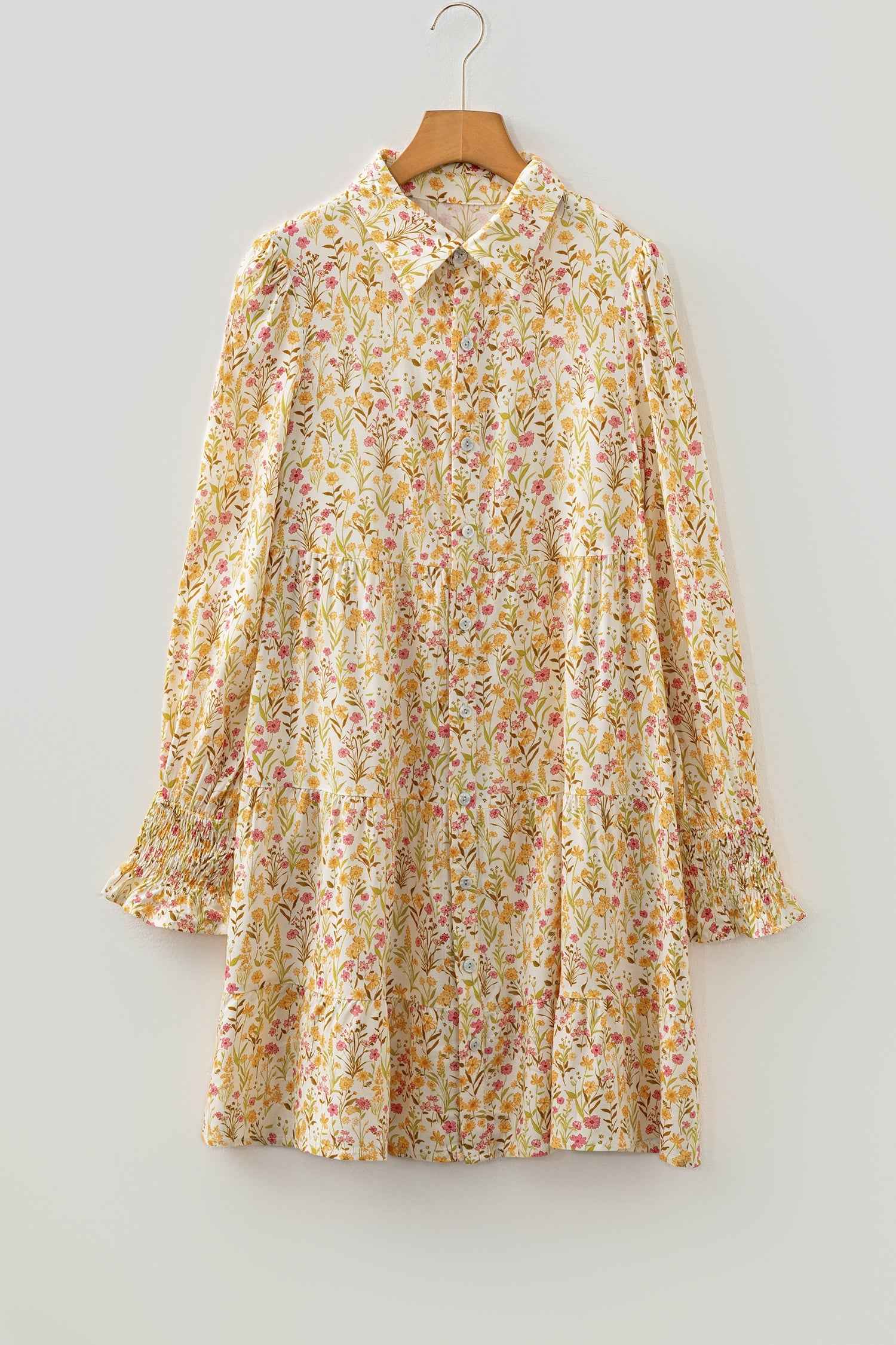 Yellow Floral Print Frilly Trim Smocked Cuff Long Sleeve Loose Shirt Dress by Wild and Free Boutique