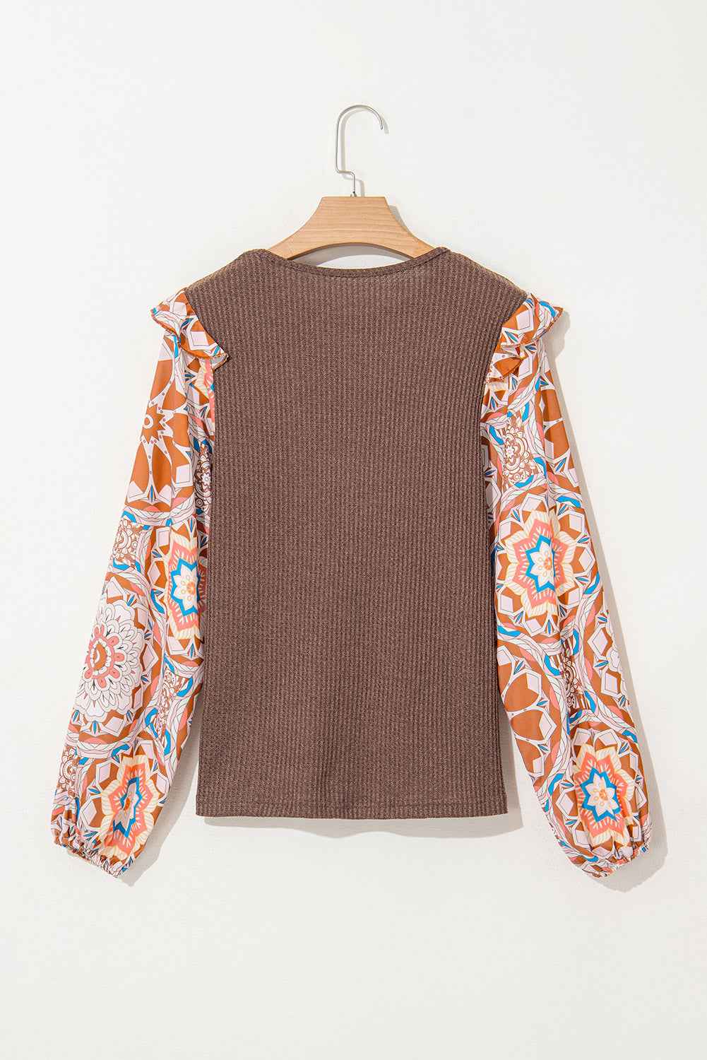Coffee Ruffled Floral Sleeve Patchwork Waffle Knit O Neck Blouse by Wild and Free Boutique