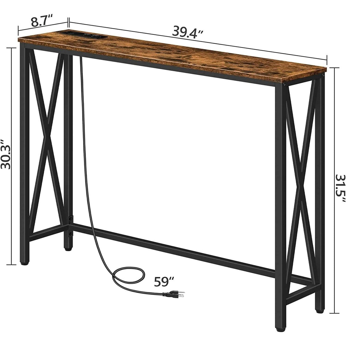 Rustic Brown Sofa Table With Power Outlet And USB Ports by ShipItFurniture