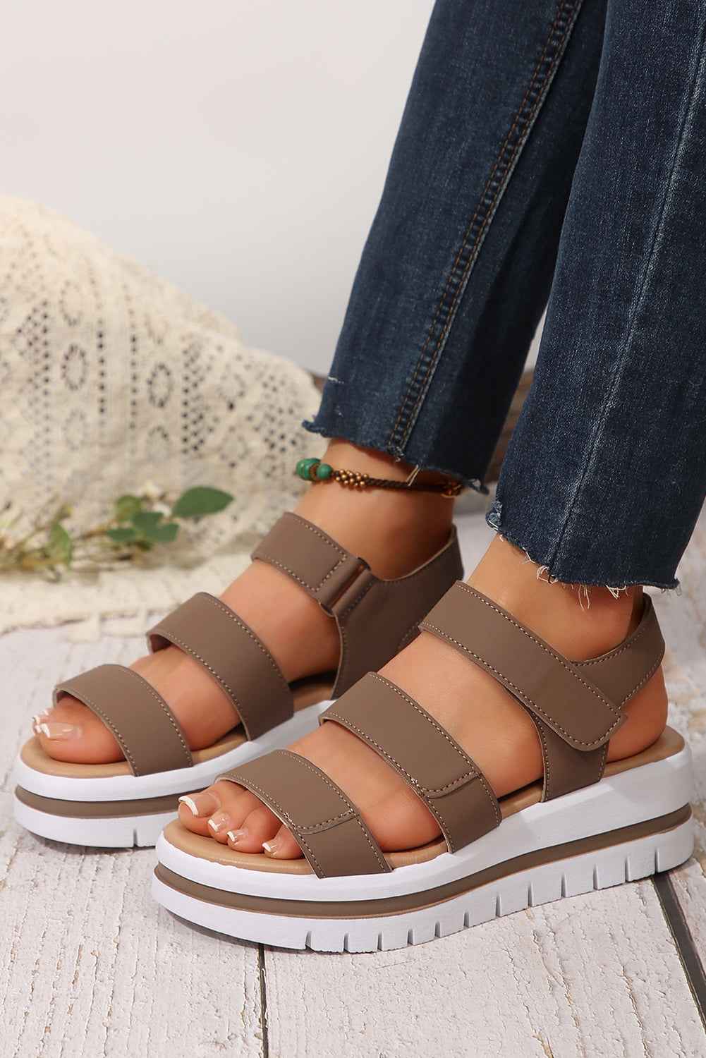 Camel Hollow Out Buckle PU Leather Platform Sandals by Wild and Free Boutique